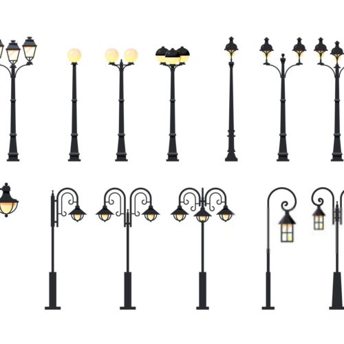 Straatlantaarn paal, set van platte vector iconen